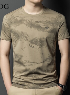 桑蚕丝短袖t恤男印花夏季新款中青年圆领休闲体恤衫透气半袖上衣