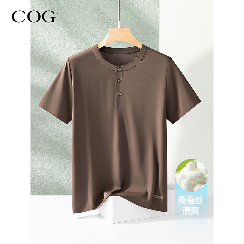 桑蚕丝短袖T恤男士2026年夏季新款亨利领宽松垂顺休闲轻薄体恤衫