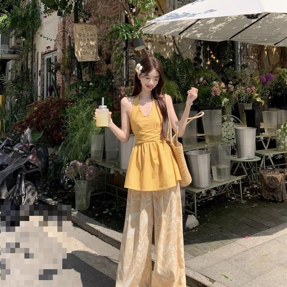纯欲风套装气质修身v领挂脖背心衬衫衬衣印花阔腿裤女夏季两件套