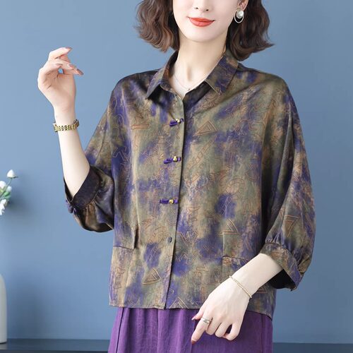 新中式真丝衬衫女七分袖香云纱