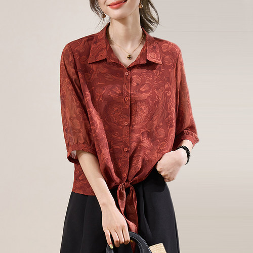 杭州高端真丝衬衫女士印花小衫夏