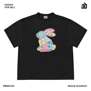 原创remake 小众手工贴布立体重工拼接小兔子可爱少女短袖T恤重磅