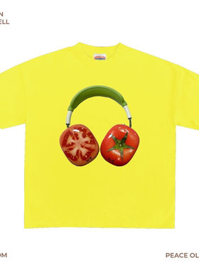 230G 轻薄正肩款 番茄耳机印花T恤创意蔬果图案亮眼黄色款式搞怪