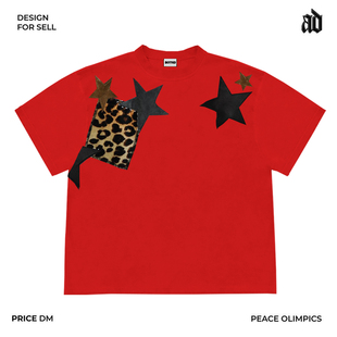 斑驳设计师工作室！辣妹风亚文化甜酷豹纹星星贴布短袖T恤Y2K宽松