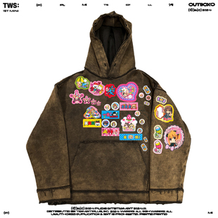 厚重感！亚文化版型！甜心二次元动漫少女贴画水洗套头宽松卫衣