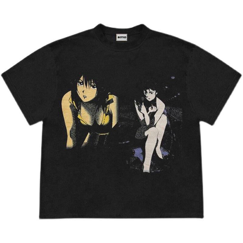 MOTTLED MOTTLED AMERICAN RETRO HEAVY 250G VINTAGE INTERSTELLAR COWBOY ANIME HIGH STREET SHORT SLEEVE T-SHIRT