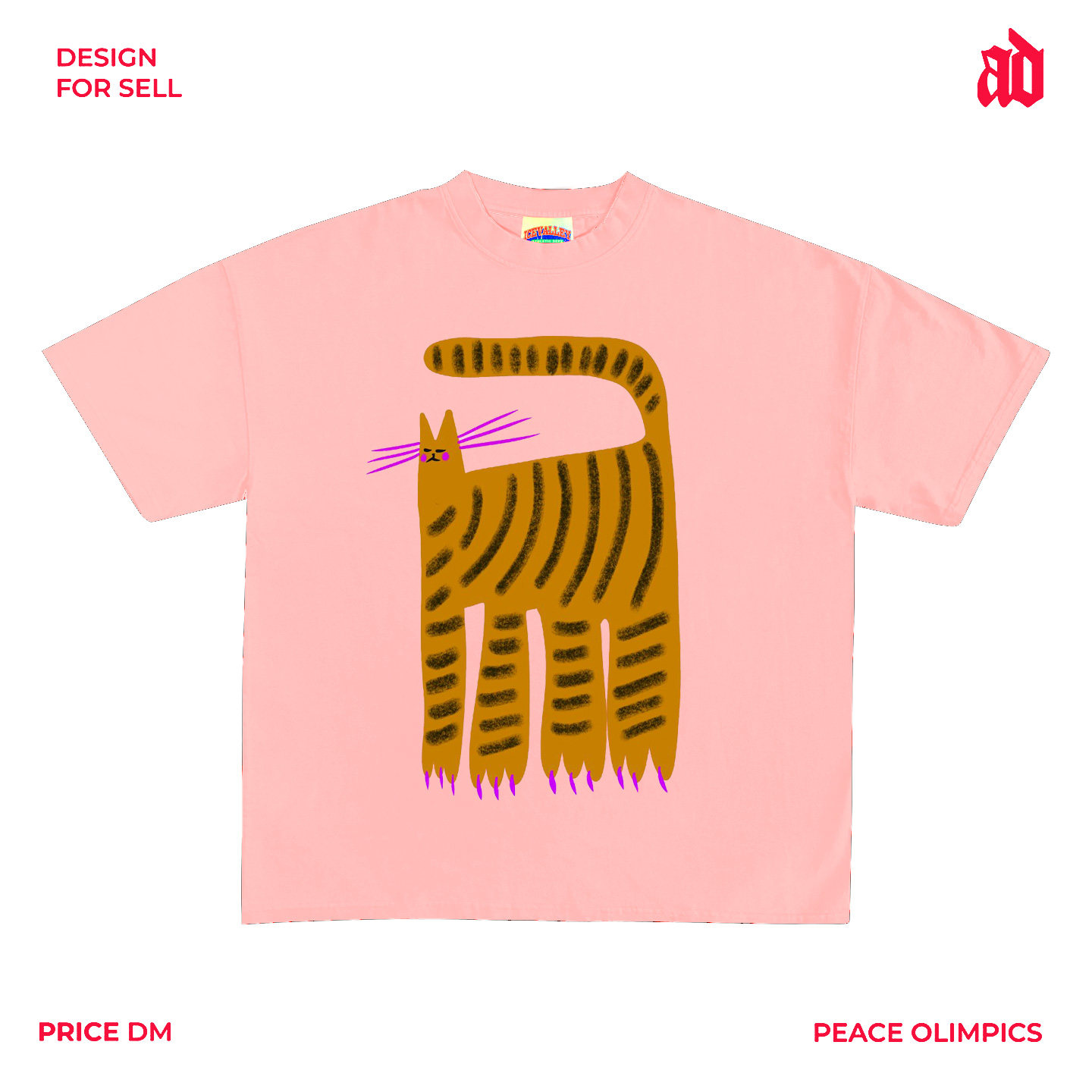 230G轻薄正肩款街头虎纹猫咪卡通短袖小众怪诞风打底衫百搭上衣