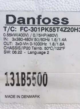 Danfoss丹佛斯变频器FC-301PK55T4Z20H3T 131B5500 0.55KW 400V议
