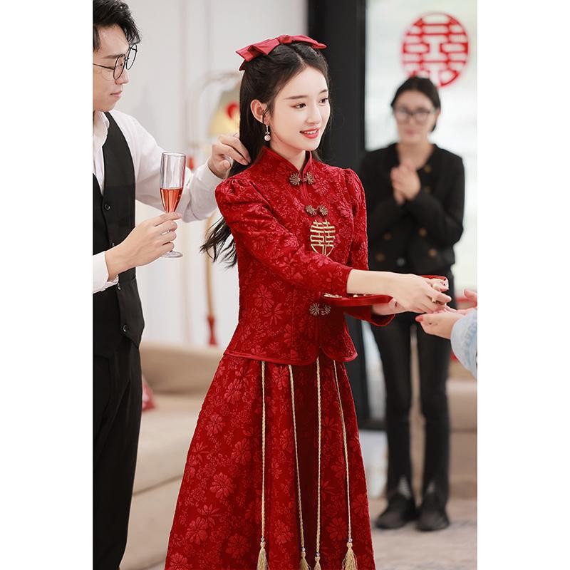 结婚旗袍改良中式新娘礼服酒红色显瘦中长款修身敬酒服秀禾服新款