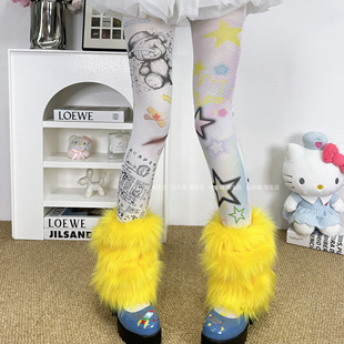 洛丽塔涩谷辣妹高饱和度黄色毛毛袜套女Y2K加厚保暖毛绒腿套鞋套