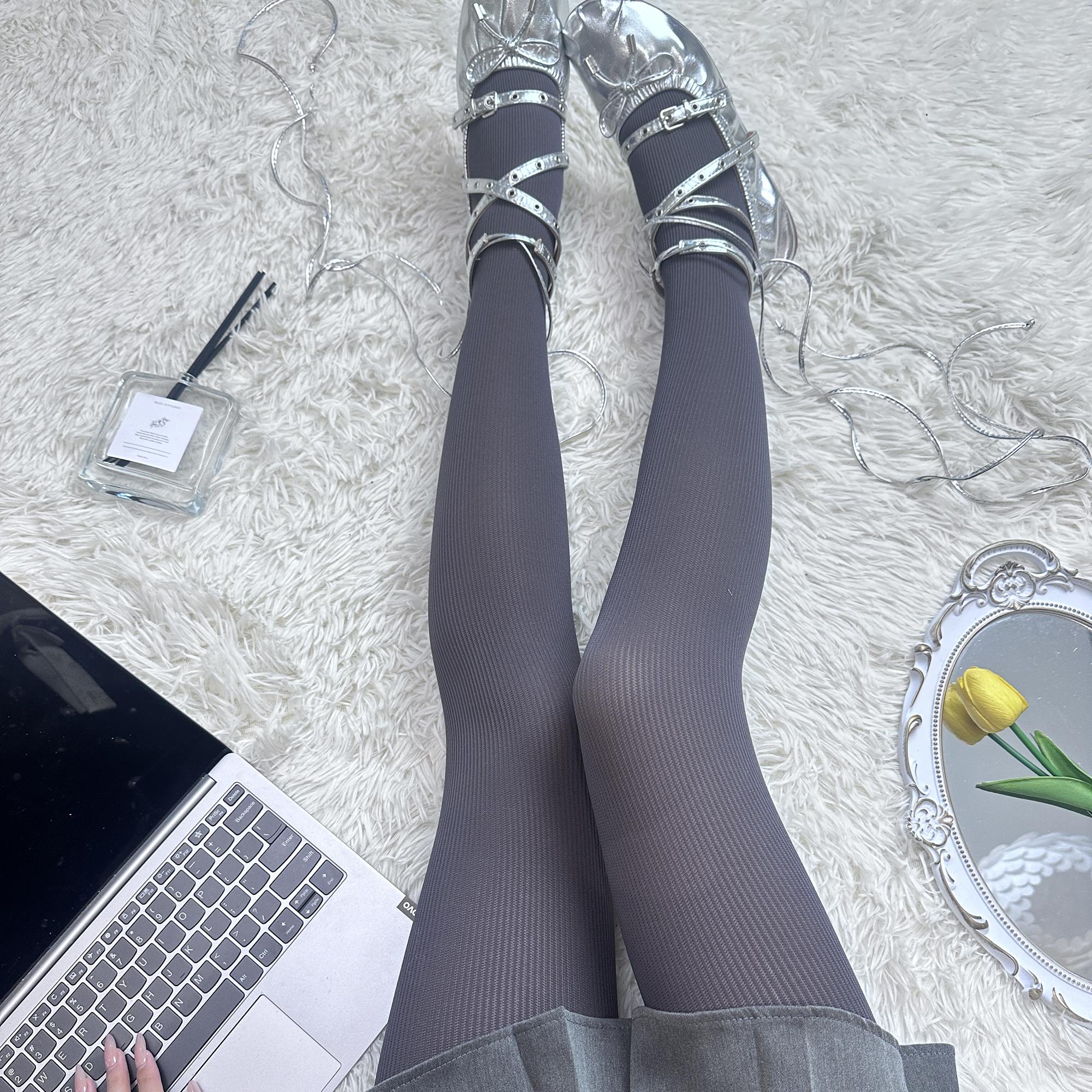 格雷系灰色竖条纹天鹅绒连裤袜女