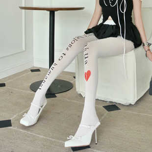 韩国小众设计潮酷白色爱心字母印花天鹅绒丝袜Y2K个性少女连裤袜