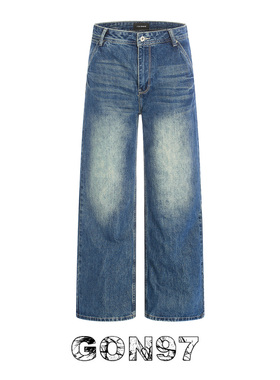 GON97 美式复古水洗蓝色直筒牛仔裤男女街头休闲潮牌宽松阔腿长裤