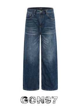 GON97 美式复古水洗深蓝色牛仔裤男女潮流百搭阔腿裤宽松直筒长裤