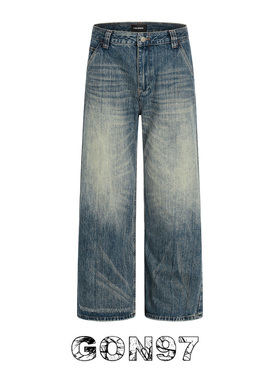 GON97 美式复古水洗蓝色直筒牛仔裤男女潮牌宽松百搭显瘦显腿长裤