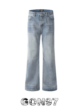 GON97美式水洗直筒阔腿牛仔裤男女潮牌宽松Vintage微喇休闲长裤子