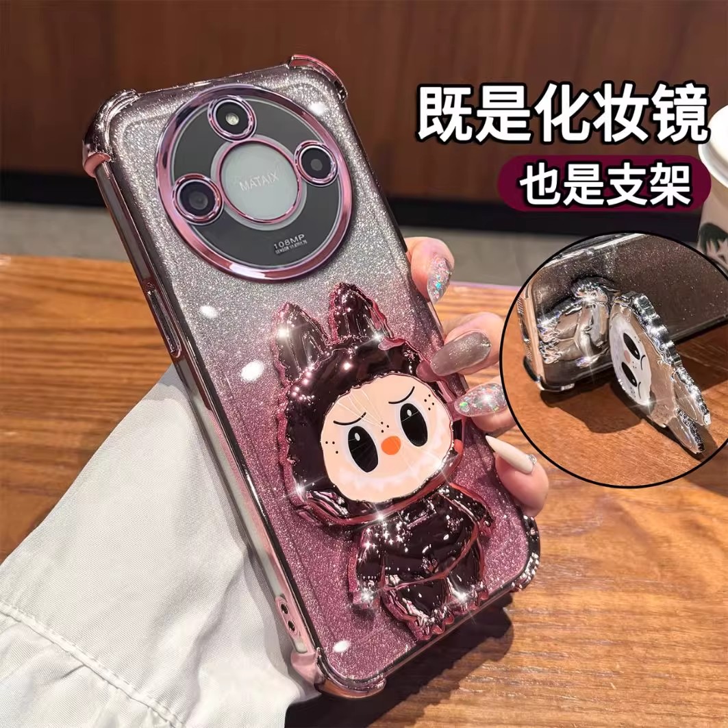 拉布布支架适用华为荣耀x60pro手机壳honorpower保护套新款可爱女生x40hono带补妆镜子x30透明硅胶x50pro软壳