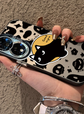 黑色猫咪适用荣耀90Pro壳磨砂高级感全包honor50Pro防摔曲面屏70/80硅胶保护套网红60新款女生潮牌华为50外男