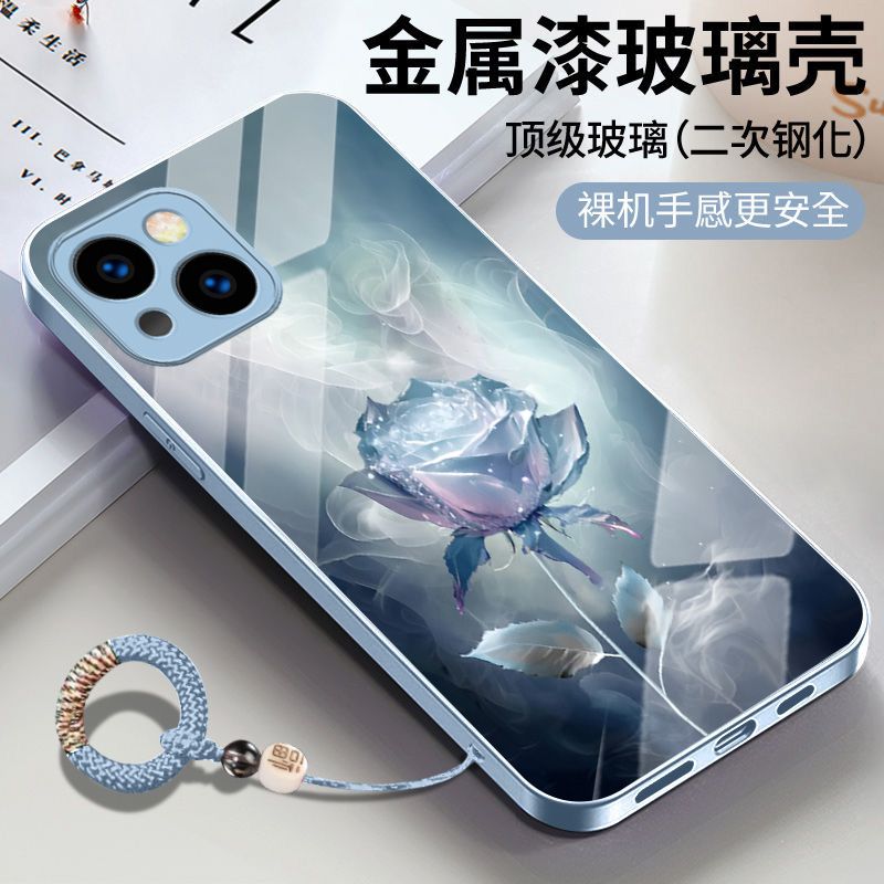 水珠玫瑰适用苹果16手机壳新款15pro创意轻奢13promax高级感12钢化玻璃iPhone11潮xsmax保护套7lus/8plus外壳