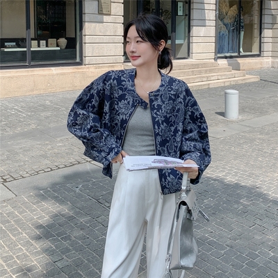 港风休闲减龄碎花牛仔短外套