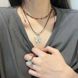 《孤蝶》原创设计项链锁骨链白花玛瑙龙血石黄虎眼石戒指三件套