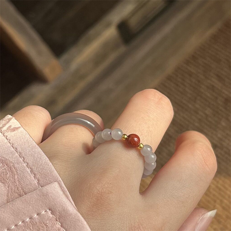 和田玉烟紫南红串珠戒指