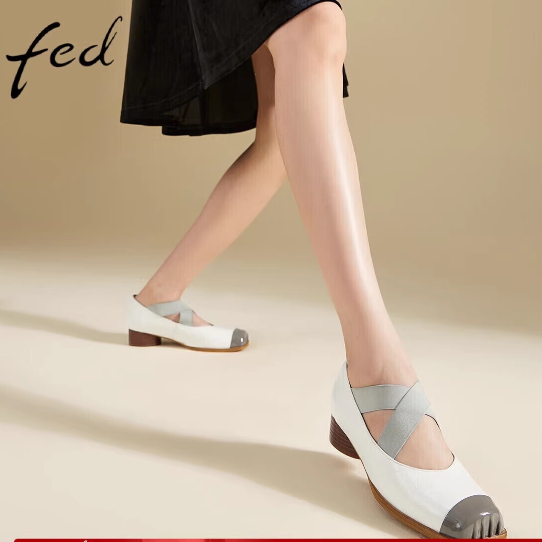 FED羊皮女鞋秋季新款方头猪嘴粗跟单鞋女中跟芭蕾鞋玛丽珍鞋女