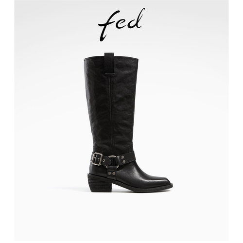fed真皮靴子女鞋秋冬复古