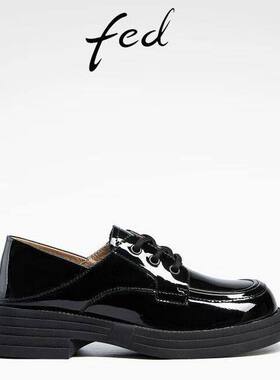 FED黑色小皮鞋春季新款女鞋厚底乐福鞋真皮牛津鞋女款D0118-ZC211