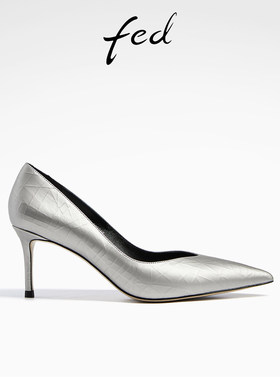 fed灰色高跟鞋春季新款女鞋金属牛皮单鞋尖头礼服鞋女D0306-YA290