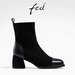 靴女R0909 女靴瘦瘦靴高跟短靴时装 YA063 新款 FED感小短靴秋季