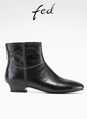 fed车缝线时装靴冬季新款女靴黑色短靴气质真皮靴女款S1009-CA015