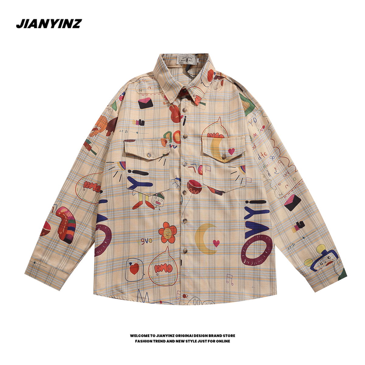JIANYINZ美式趣味卡通印花格子长袖衬衫男女复古BF学院风情侣衬衣