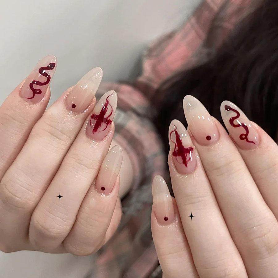 新款杏仁甲型新年元素十字架蛇纹纯色24片美甲穿戴式指甲贴片,彩妆/香水/美妆工具,穿戴甲/甲片,淘宝优惠券,粉丝福利购,淘宝优惠卷