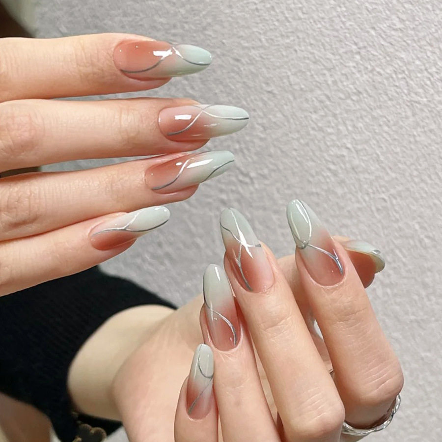 网红爆款立体几何线条渐变粉绿感杏仁甲24片穿戴式指甲贴片,彩妆/香水/美妆工具,穿戴甲/甲片,淘宝优惠券,粉丝福利购,淘宝优惠卷