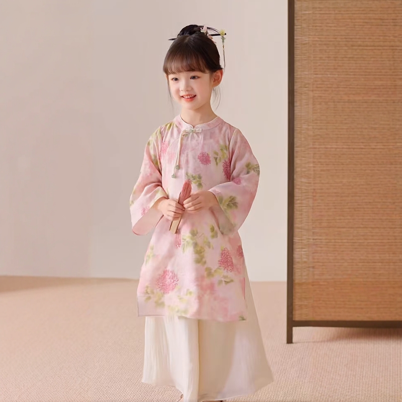 女童汉服两件套春秋2025新款上衣裤子套装新中式儿童古装旗袍国风