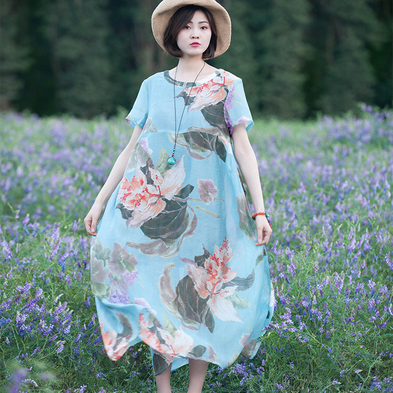 夏季连衣裙丝绵印花长裙棉里衬度连衣裙