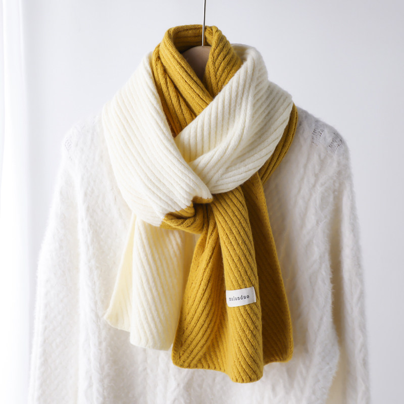 针织毛线围巾女孩学生秋冬季姜黄色拼色撞色双色短小围脖护颈软糯