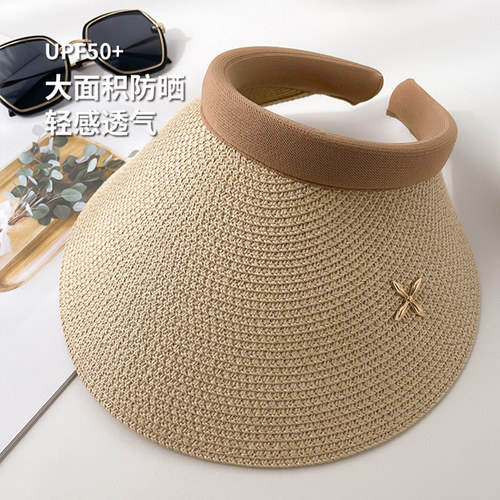 夏季户外开车骑行防晒遮阳太阳帽女镂空大檐草编发箍发夹凉帽草帽