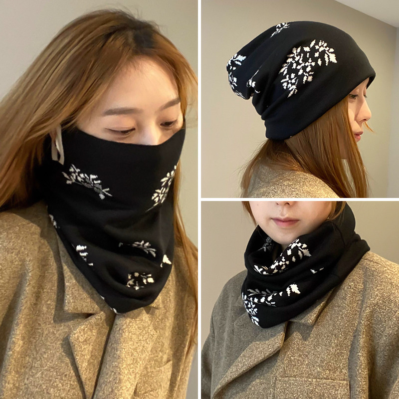 面罩女黑色帽子围巾两用秋冬季防风保暖针织毛线挂耳护颈围脖套头