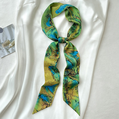 千里江山图窄长条小丝巾女春秋夏季丝带扎头发带绑包装饰脖子领带