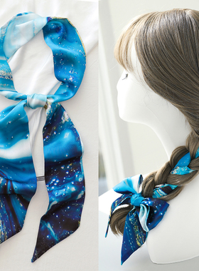 蓝色小丝巾女加长条网红法式扎头编发带绑包丝带飘带装饰腰带领带