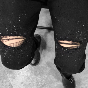 黑色星空感烫钻破洞牛仔裤男春秋休闲设计感个性潮流修身小脚长裤