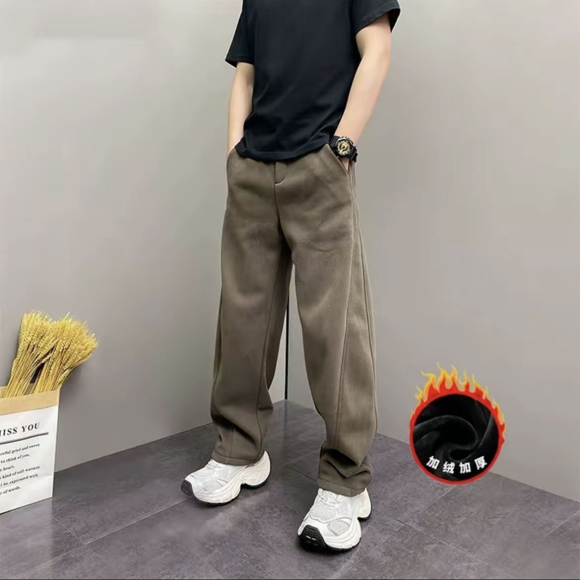 冬季重磅加绒加厚立体剪裁弯刀直筒卫裤男女款简约纯色保暖休闲裤