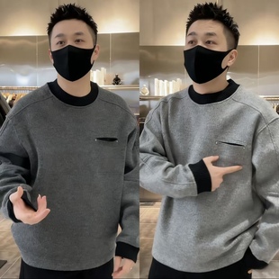 直播间同款 个性 冬季 百搭潮流加绒加厚休闲圆领男士 保暖卫衣 时尚