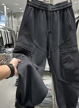 1992-66567美式复古秋冬新款男工装裤简约纯色抽绳束脚休闲裤宽松