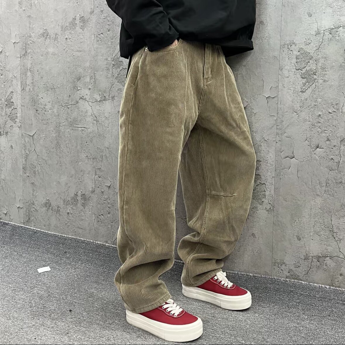 灯芯绒斜切弯刀直筒休闲裤男冬季复古老钱风裤子垂感高级感工装裤