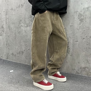 灯芯绒斜切弯刀直筒休闲裤男冬季复古老钱风裤子垂感高级感工装裤