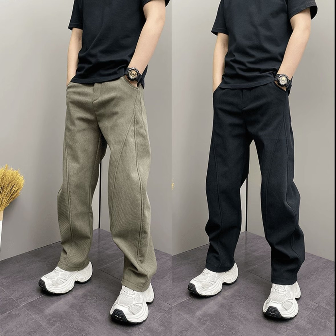 2025冬季加绒宽松休闲裤男松紧腰抽绳直筒长裤时尚弯刀休闲裤,男装,休闲裤,淘宝优惠券,粉丝福利购,淘宝优惠卷