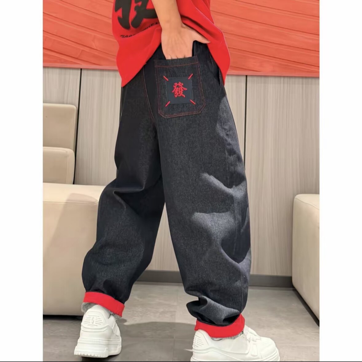 25秋冬款福马发财时尚休闲百搭刺绣男女同款宽松弯刀牛仔裤